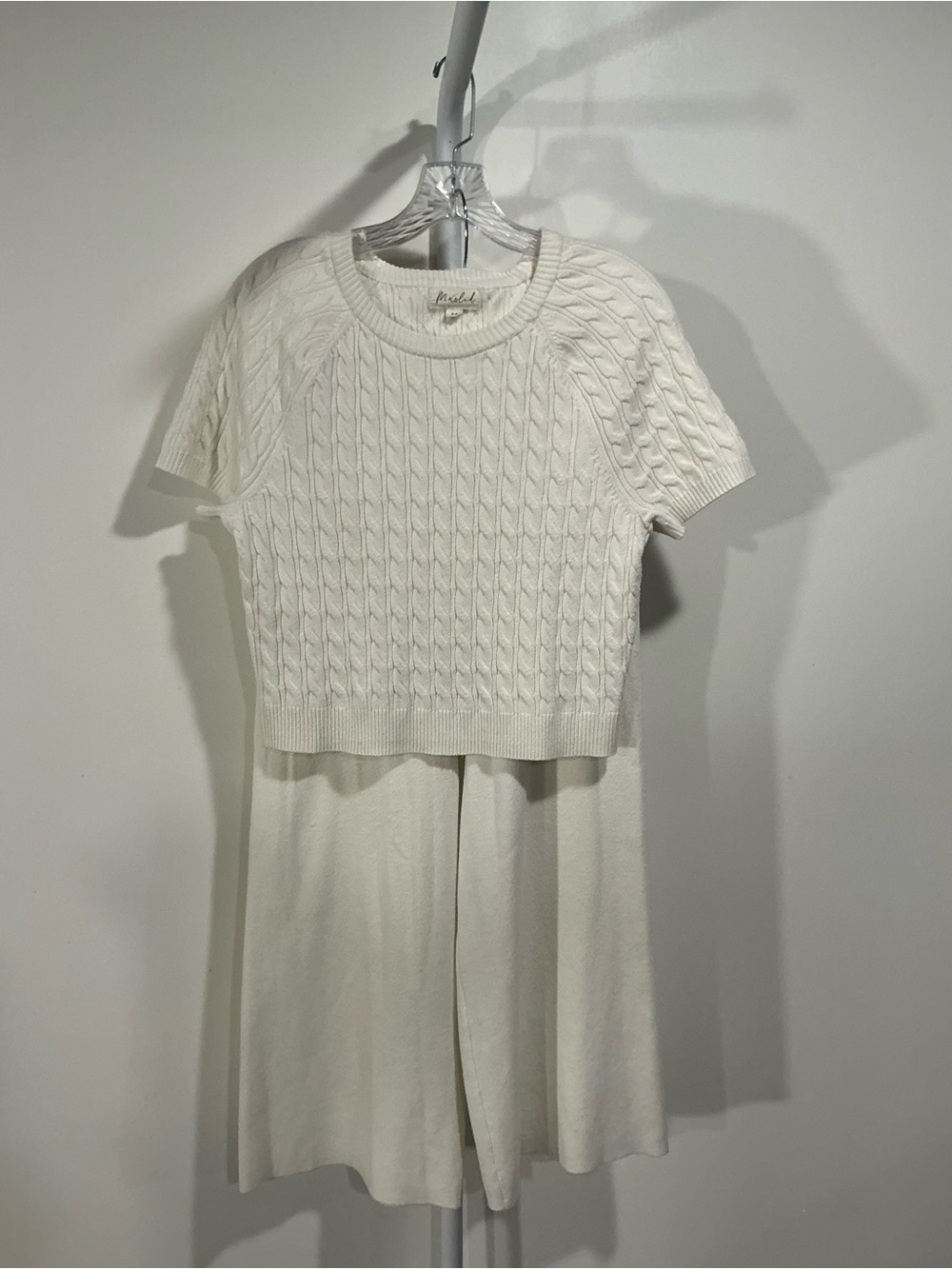 Marled Cream Cable-Knit Short Sleeve Sweater/Pant Set
